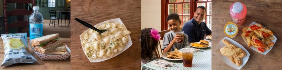 Pictures of foods like sandwiches, mac and cheese, chips, soft drinks, etc.