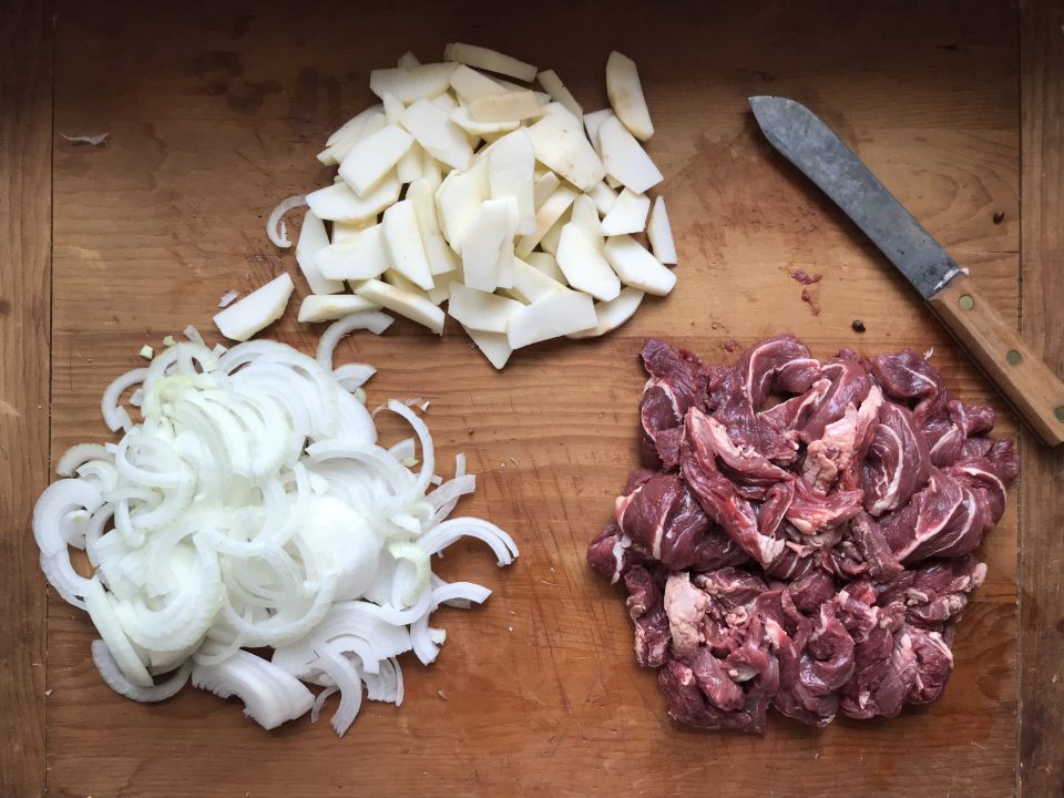 Prepped beef, apples, and onions