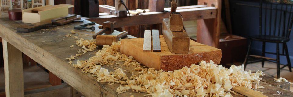 Tools and wood shavings in the Cabinet Making Shop