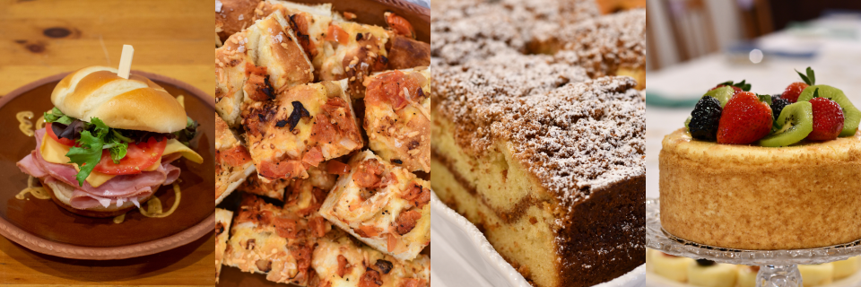 Sandwhich, coffee cake, and other foods