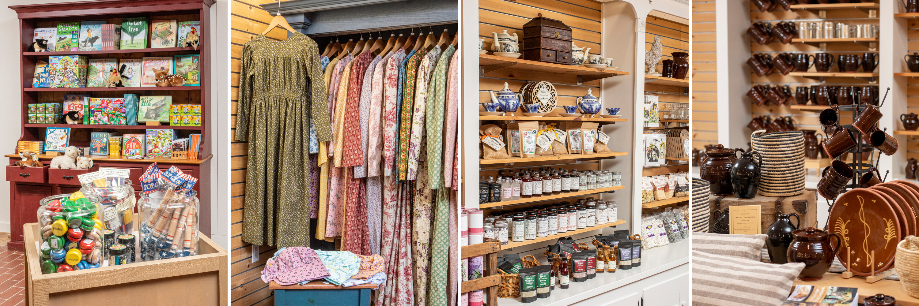 Pictures of books, gowns, food jars, and redware pottery displayed on shelves
